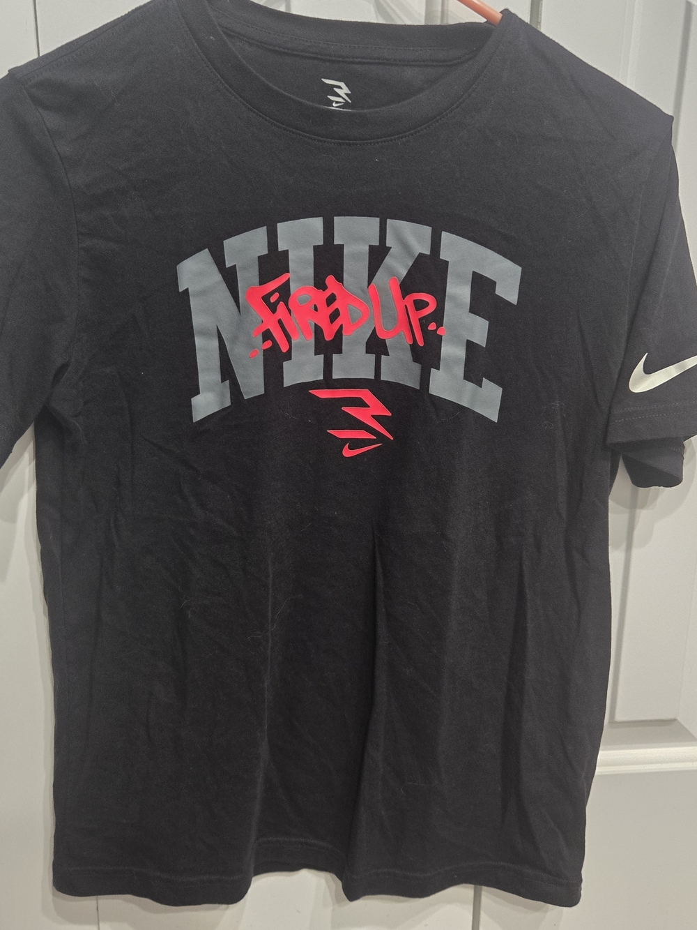 Nike Black Short Sleeve Tee with Gray Logo and Pink-Red Graffiti